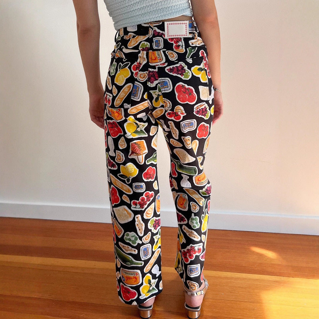 Bedruckte Denim-Hose mit weitem Bein