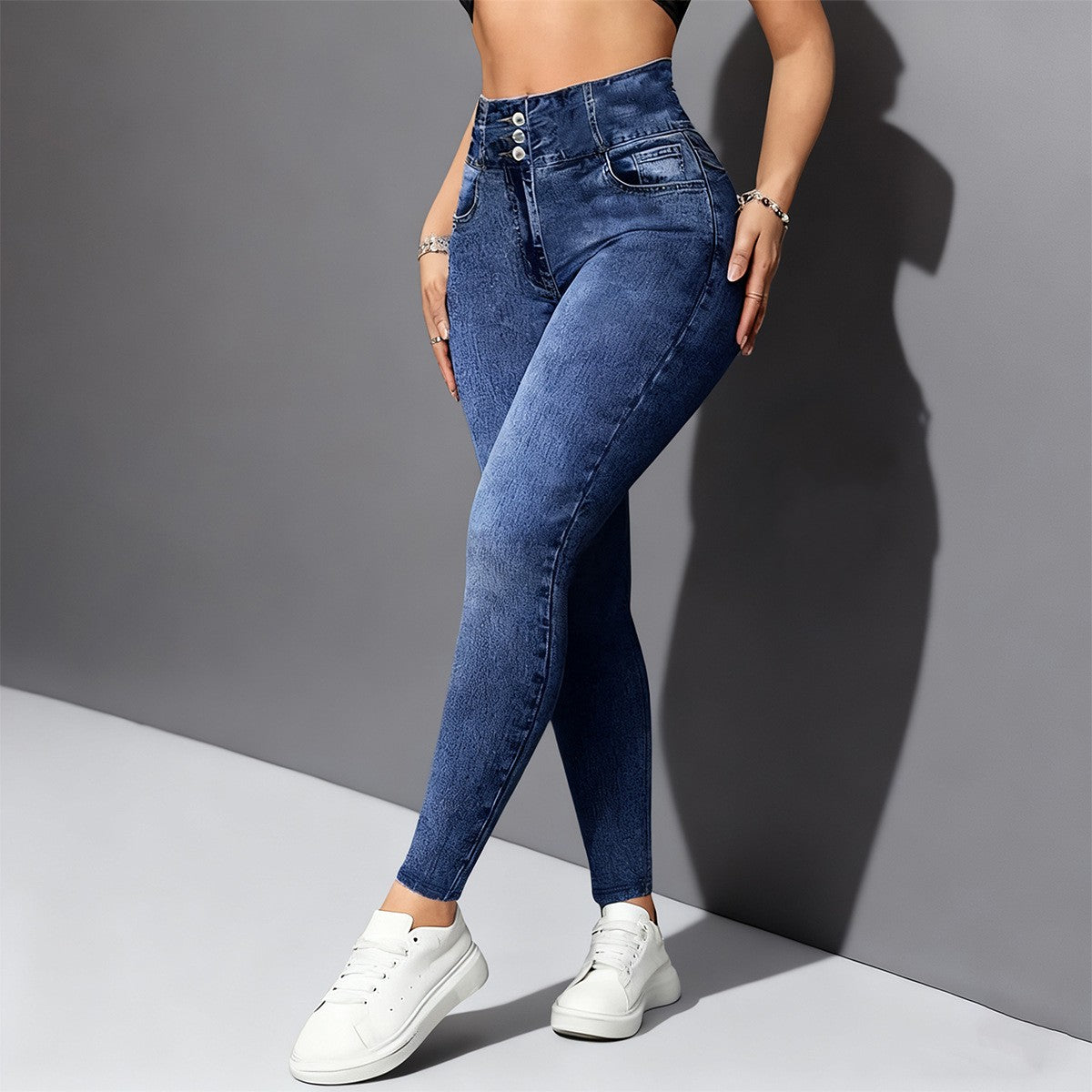 Denim-Look Leggings mit hohem Bund