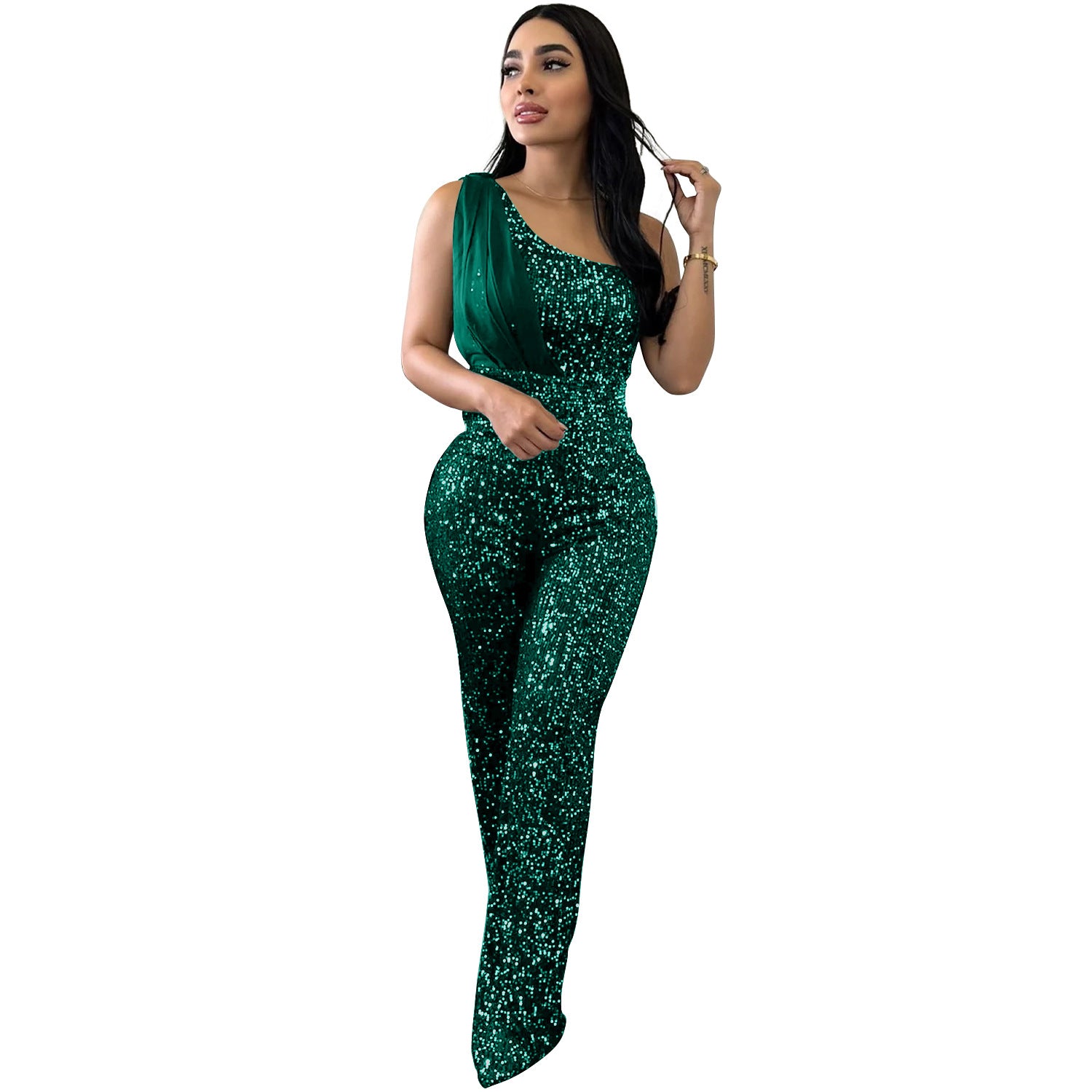 Eleganter Pailletten-Jumpsuit mit One-Shoulder