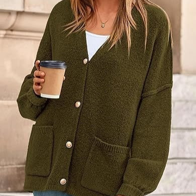 Damen V-Neck Strickjacke mit Taschen