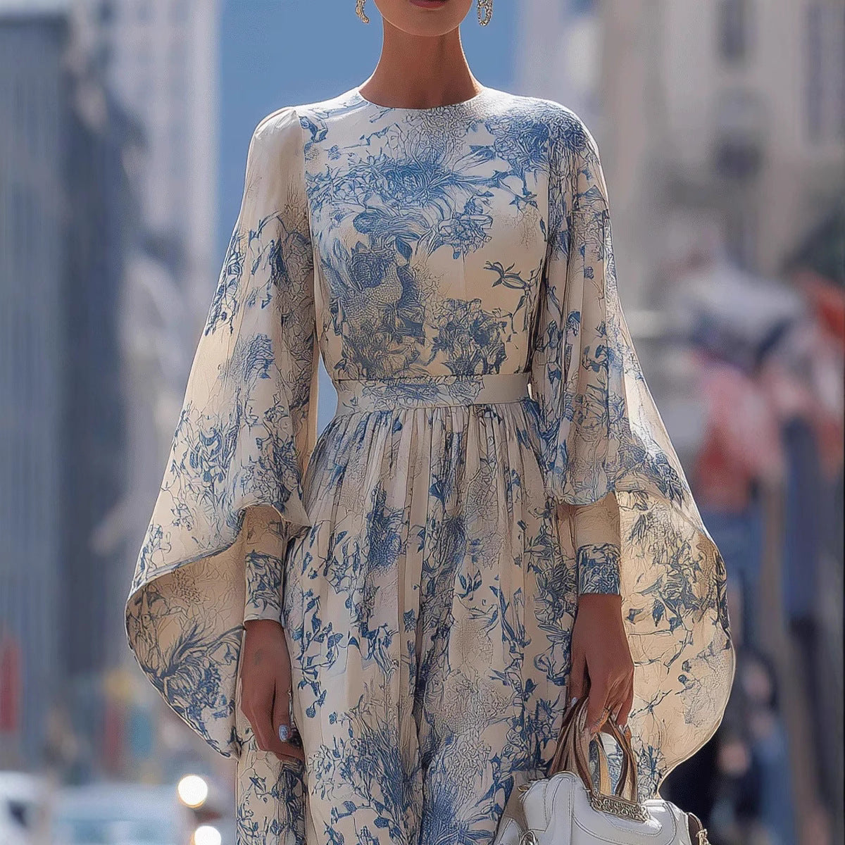 Figurbetontes langes Blumenkleid mit weiten Ärmeln – Bild 2 | LuxeStyle