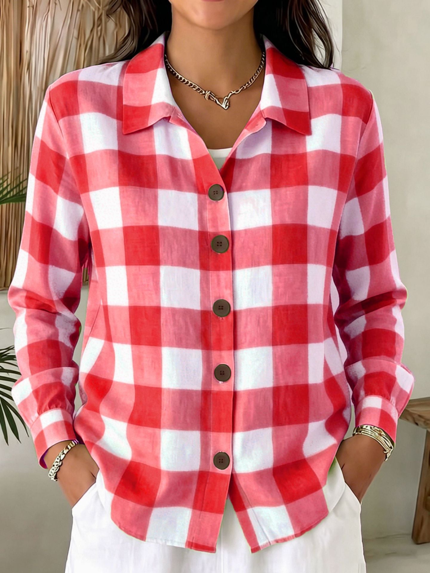 Bequeme Damen Langarm-Plaid-Shirt mit Knöpfen