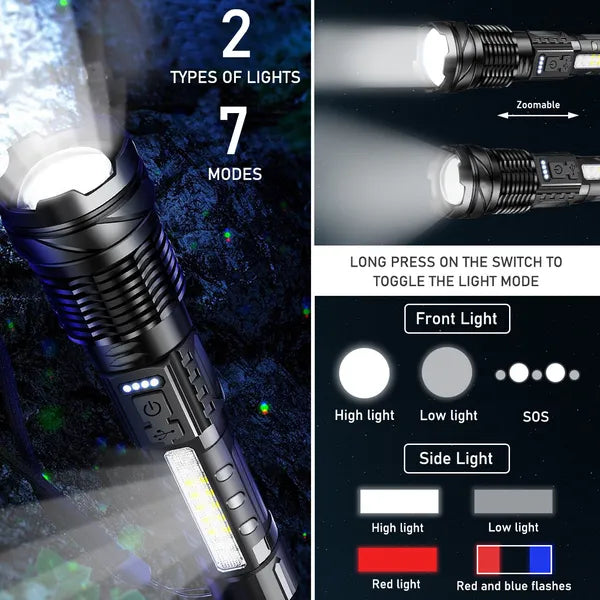 Superhelle LED-Taschenlampe mit Zoom und Warnlicht