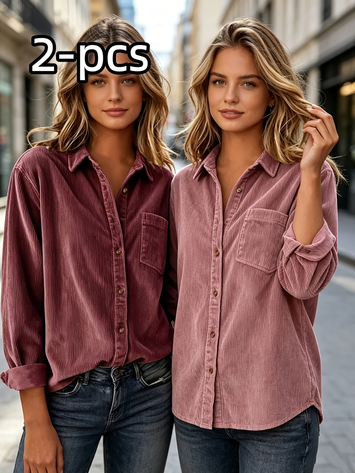 Corduroy Shirt mit Streifenkragen, lange Ärmel | LuxeStyle