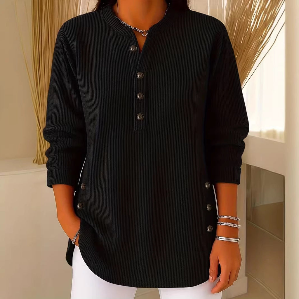 Corduroy V-Neck Langarmshirt mit Knöpfen