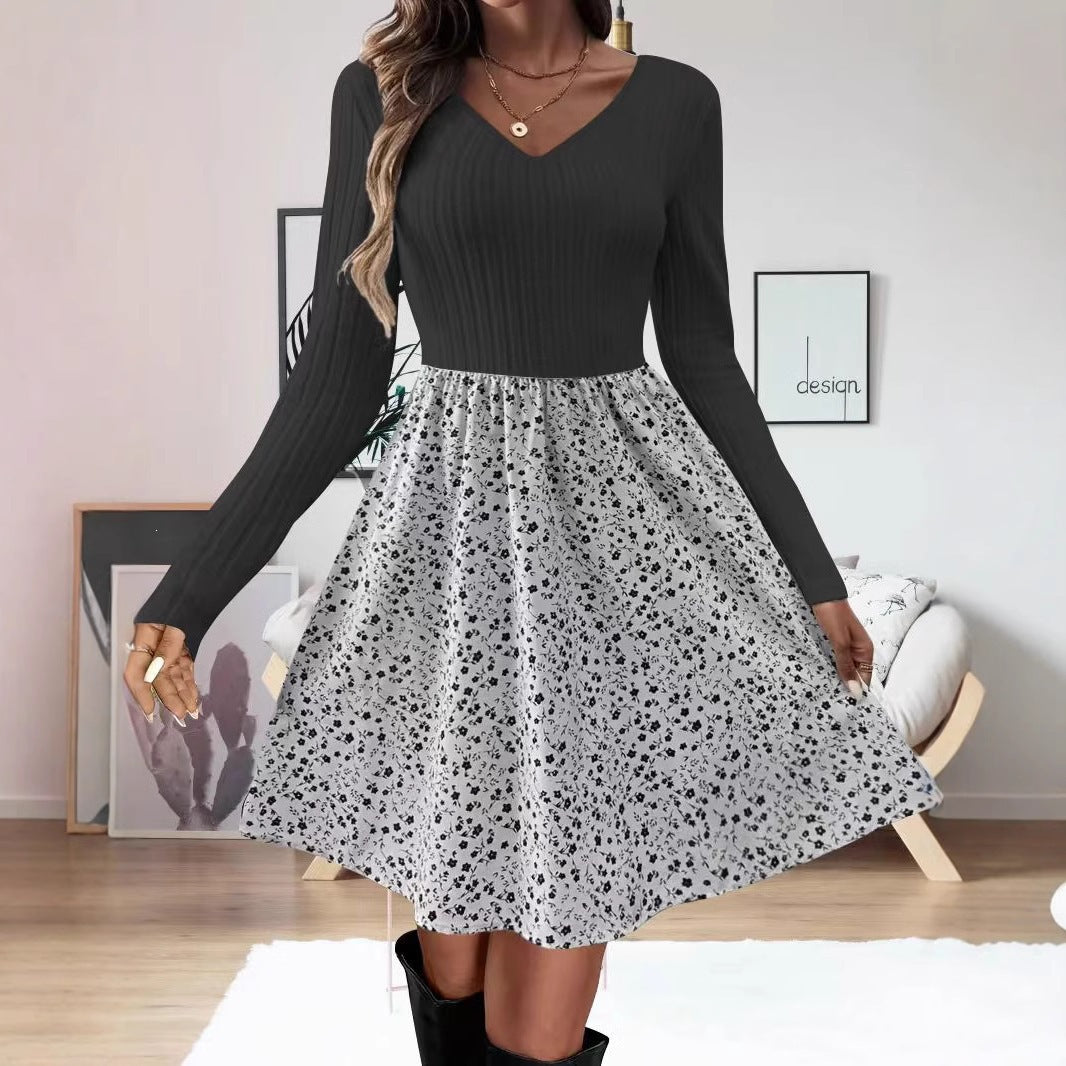 Patchwork-Blumen-Kleid mit V-Ausschnitt – Bild 3 | LuxeStyle