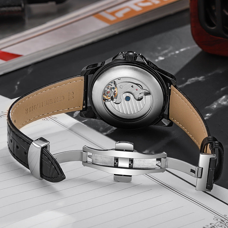 Wasserdicht Leuchtend Luxus-Trend Automatik Leder-Stahl-Armbanduhr