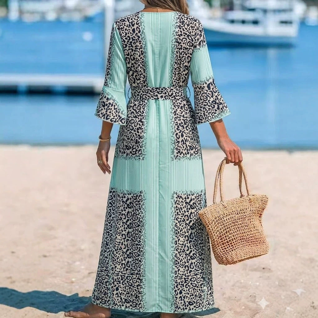 Leoparden-Patchwork V-Ausschnitt Kleid – Bild 6 | LuxeStyle