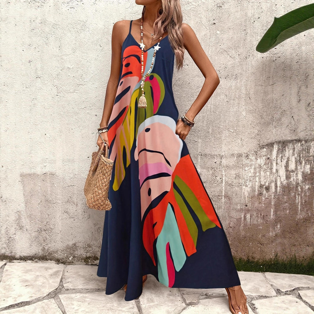 Gemustertes A-Linien-Kleid mit Spaghettiträgern – Bild 5 | LuxeStyle