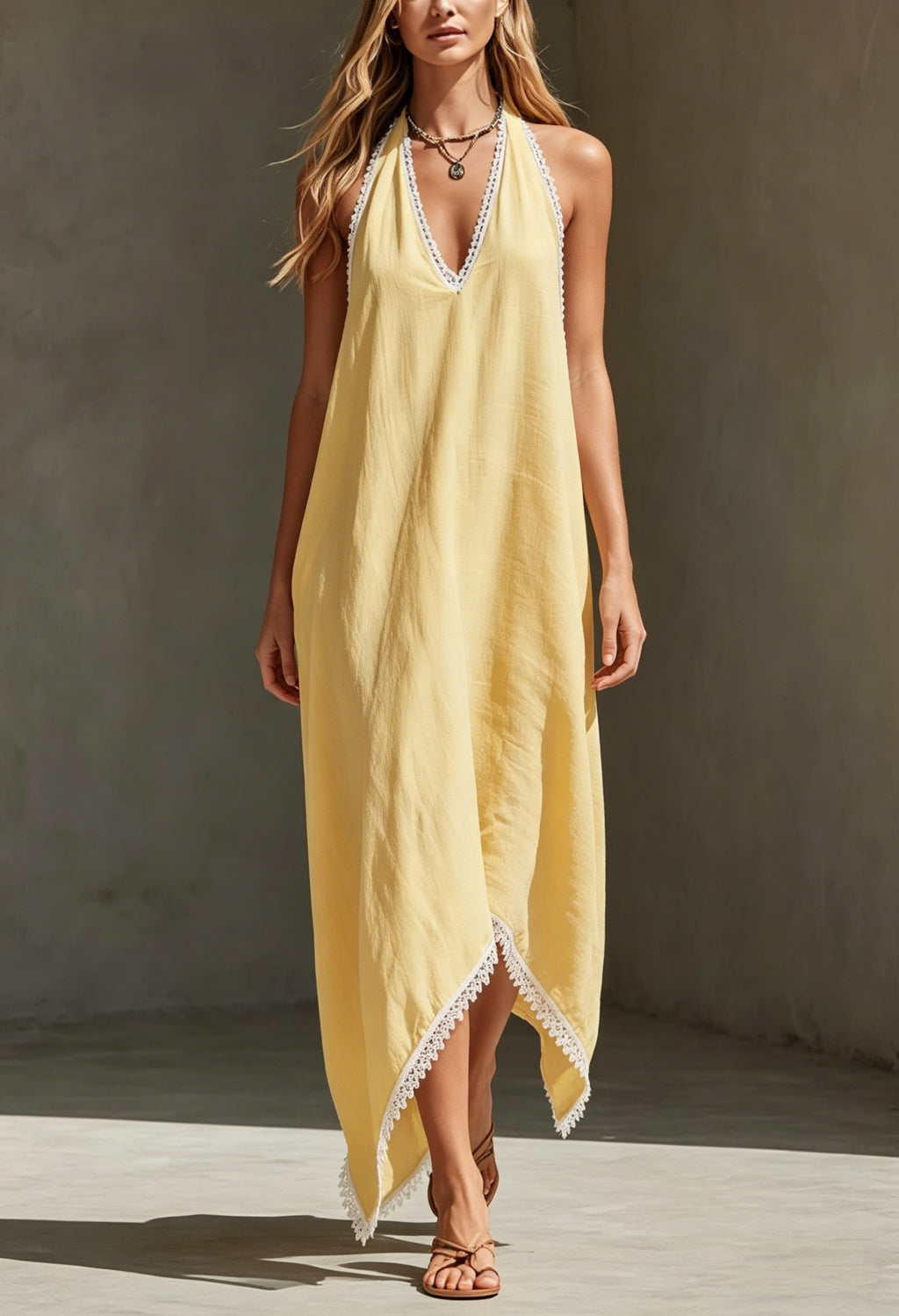V-Ausschnitt Kleid mit Spitze – Gelb | LuxeStyle