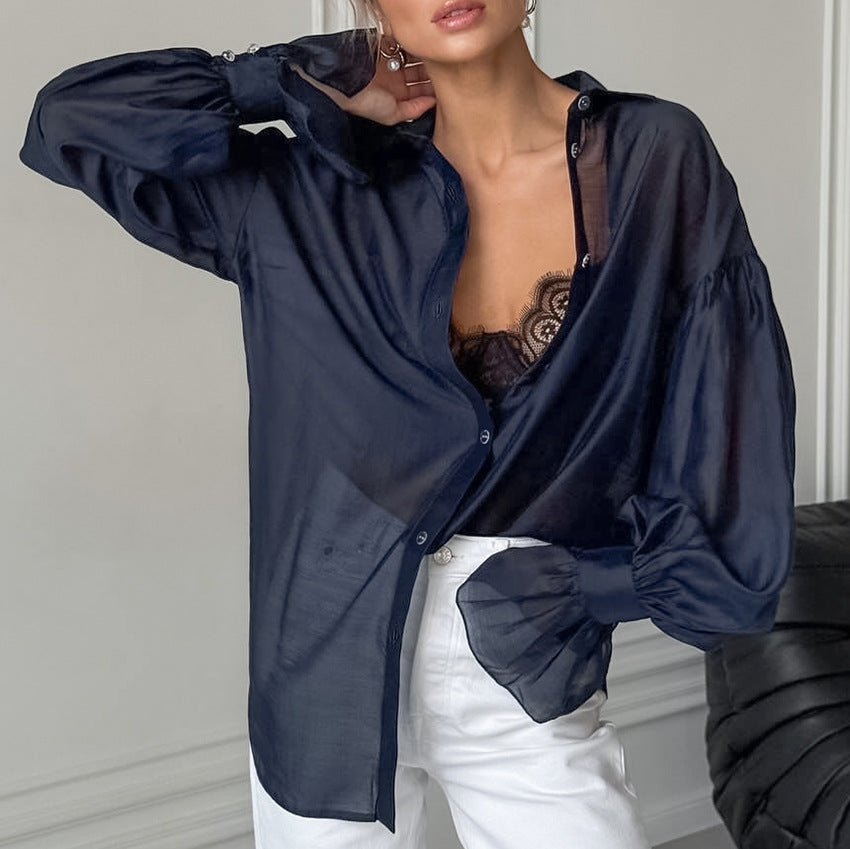 Khaki-Blau Sheer Langarmshirt für Damen – Bild 5 | LuxeStyle