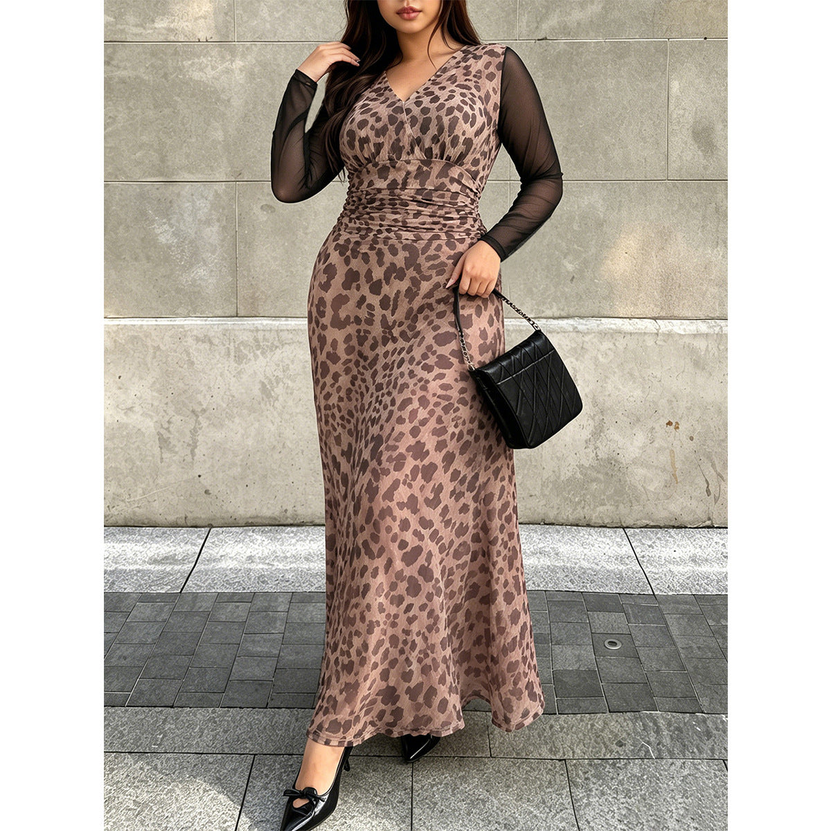 Elegantes A-Linien Mesh-Kleid mit Leo-Print
