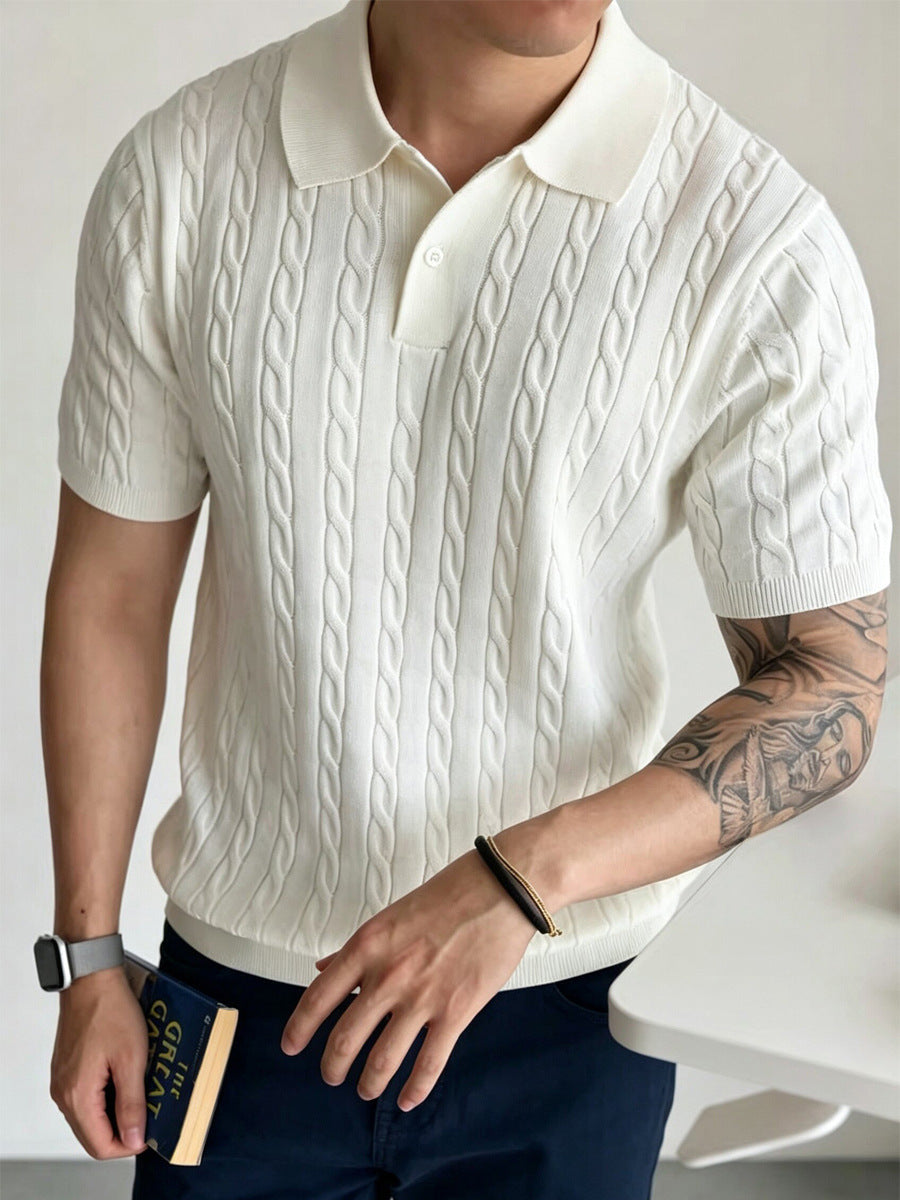 Polo-Shirt Herren Kurzarm Strick Zopfmuster