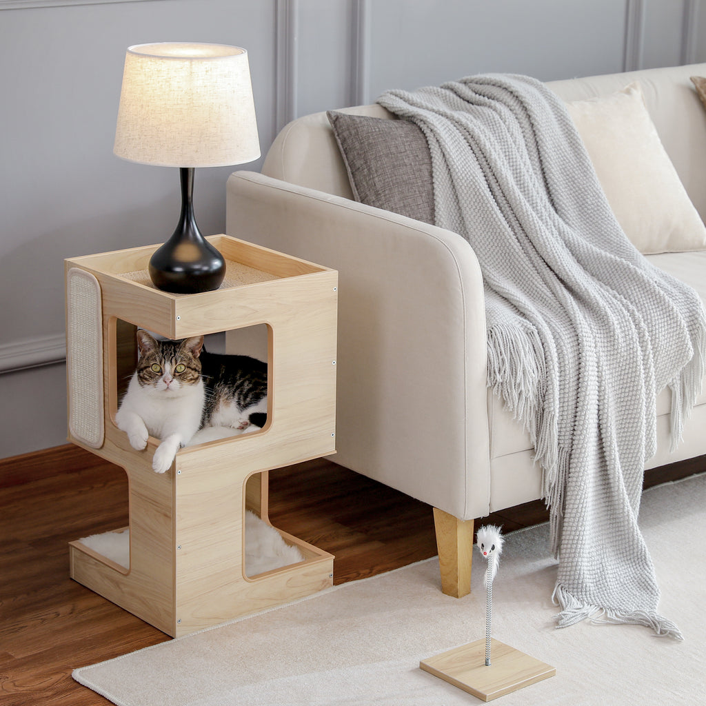 Doppellagiges Katzenbett aus Massivholz mit Sisal