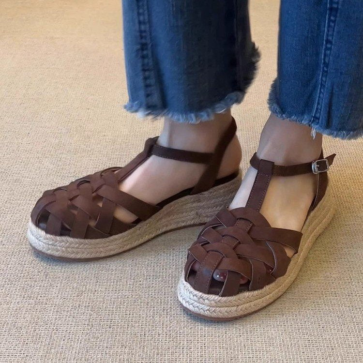 Keilsandalen aus Leinen mit Lederfutter