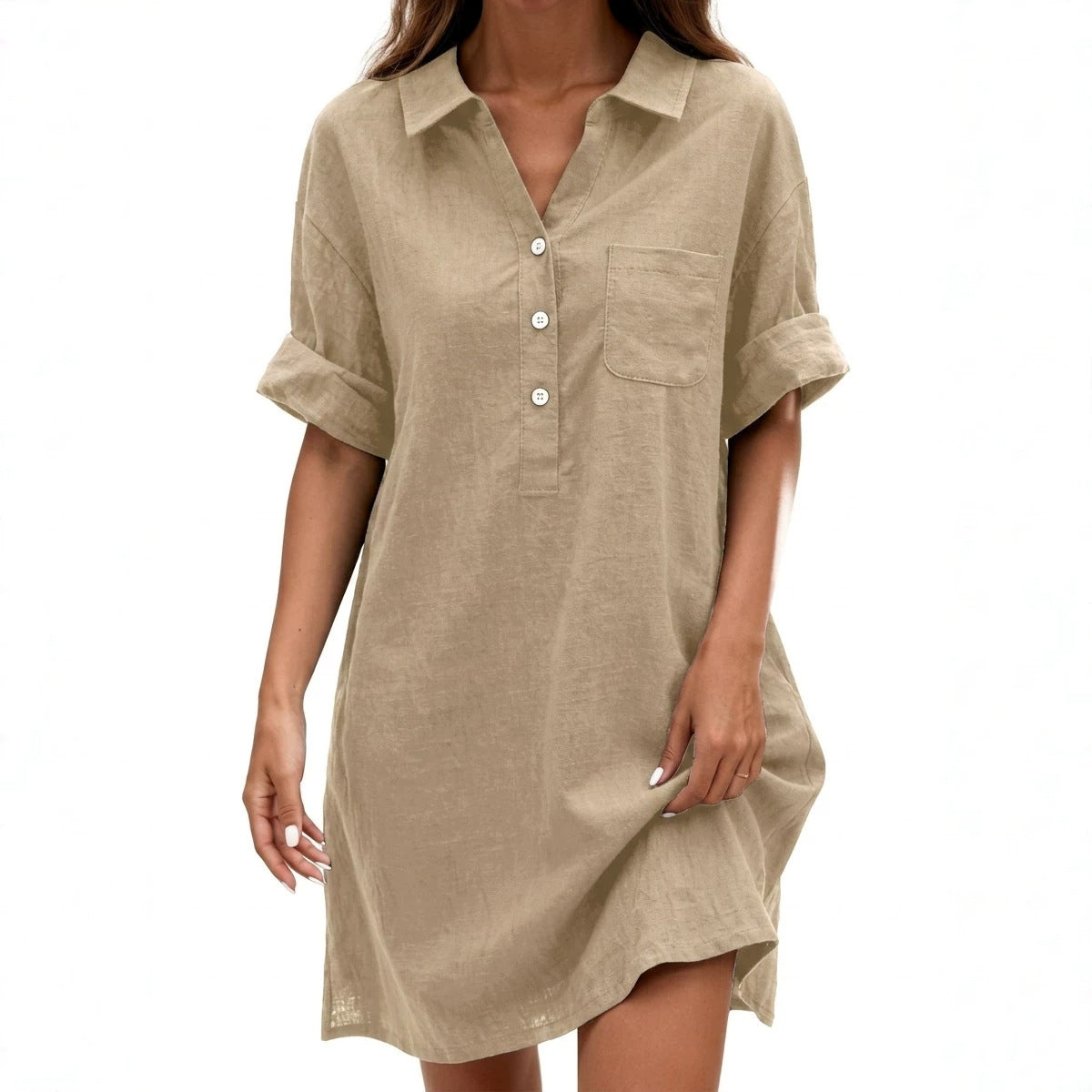 Leinen-Baumwoll-Kleid mit Hemdkragen – Bild 8 | LuxeStyle