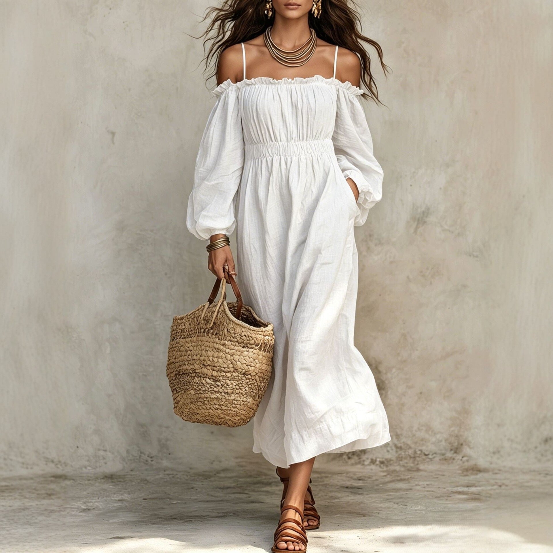Damen Off-Shoulder Langarm Weit Schnittkleid