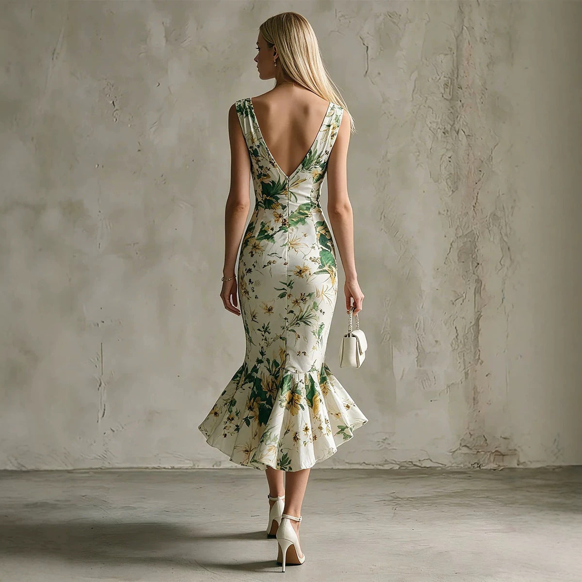 Ärmelloses V-Neck Blumenkleid mit Rüschen – Bild 3 | LuxeStyle