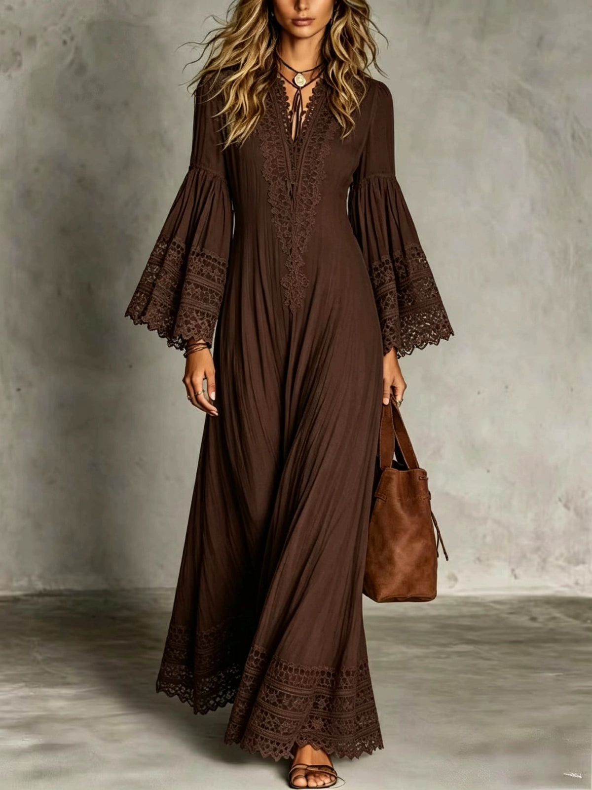 Boho-Kleid mit Spitze und Glockenärmeln – Bild 2 | LuxeStyle