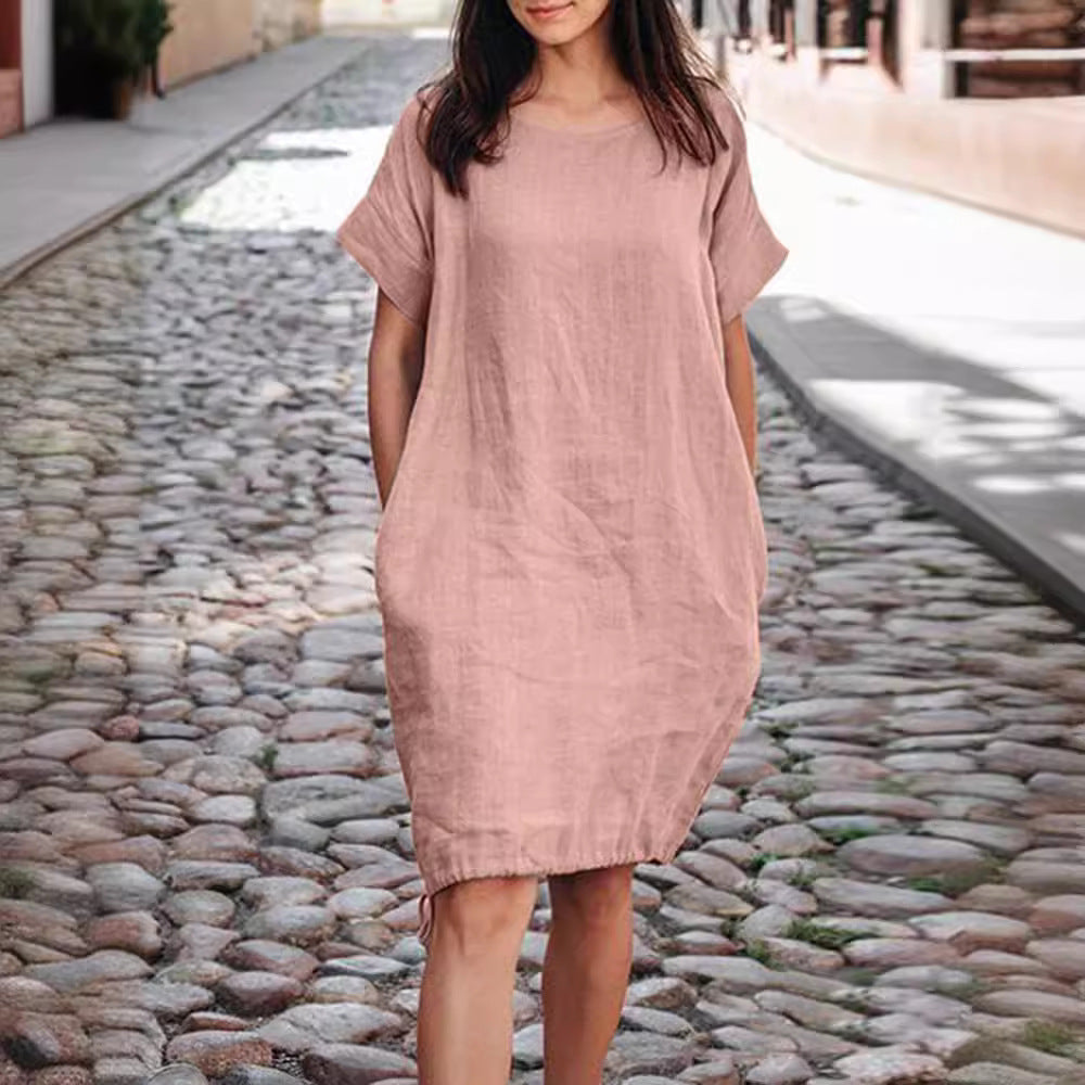 Loose-fit Baumwoll-Leinen Kleid mit kurzen Ärmeln – Bild 7 | LuxeStyle