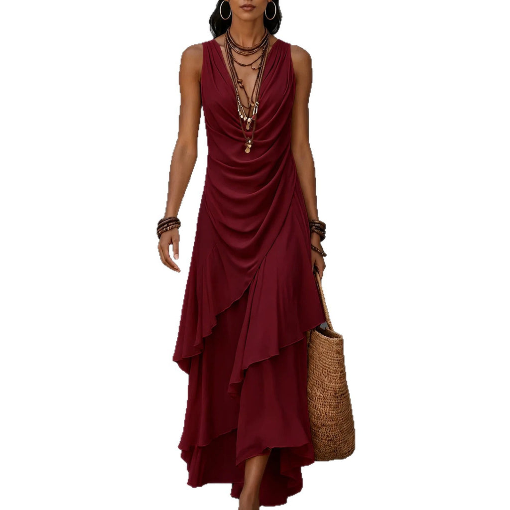 Ärmelloses V-Ausschnitt-Kleid mit Stufenrock