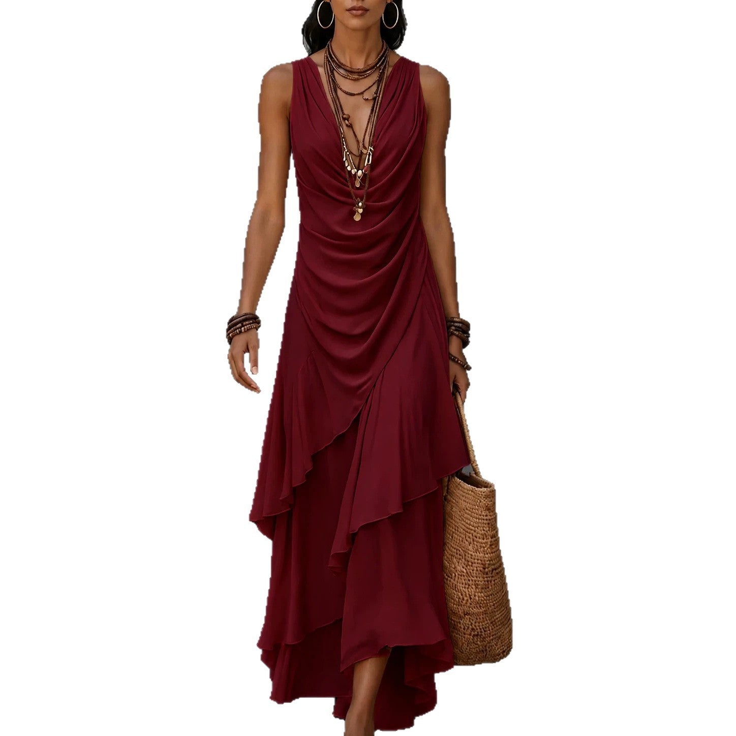 Ärmelloses V-Ausschnitt-Kleid mit Stufenrock