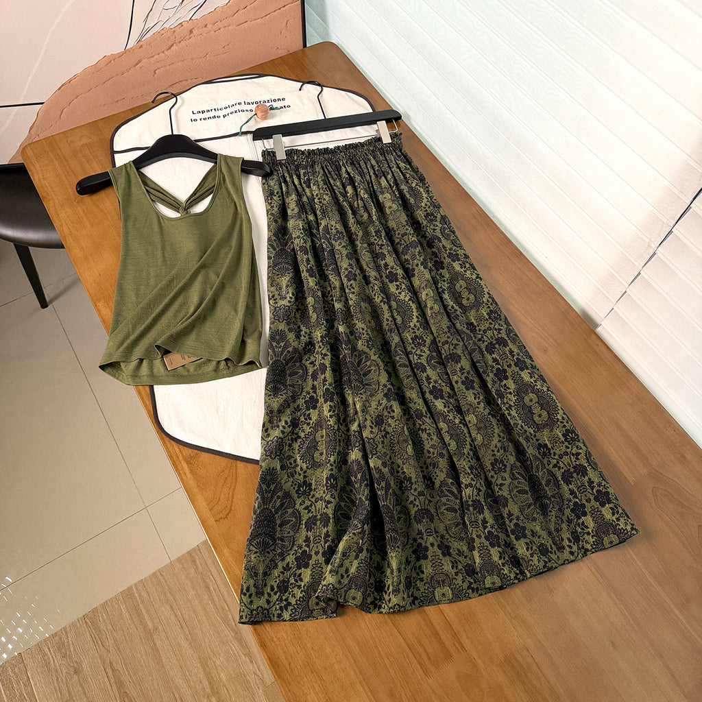 Merino Twist-Top & Seiden-Midi-Jupe Palmprint