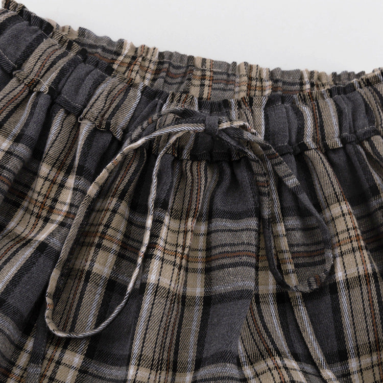 Vintage Weite Hose mit Elastischem Bund und Karomuster