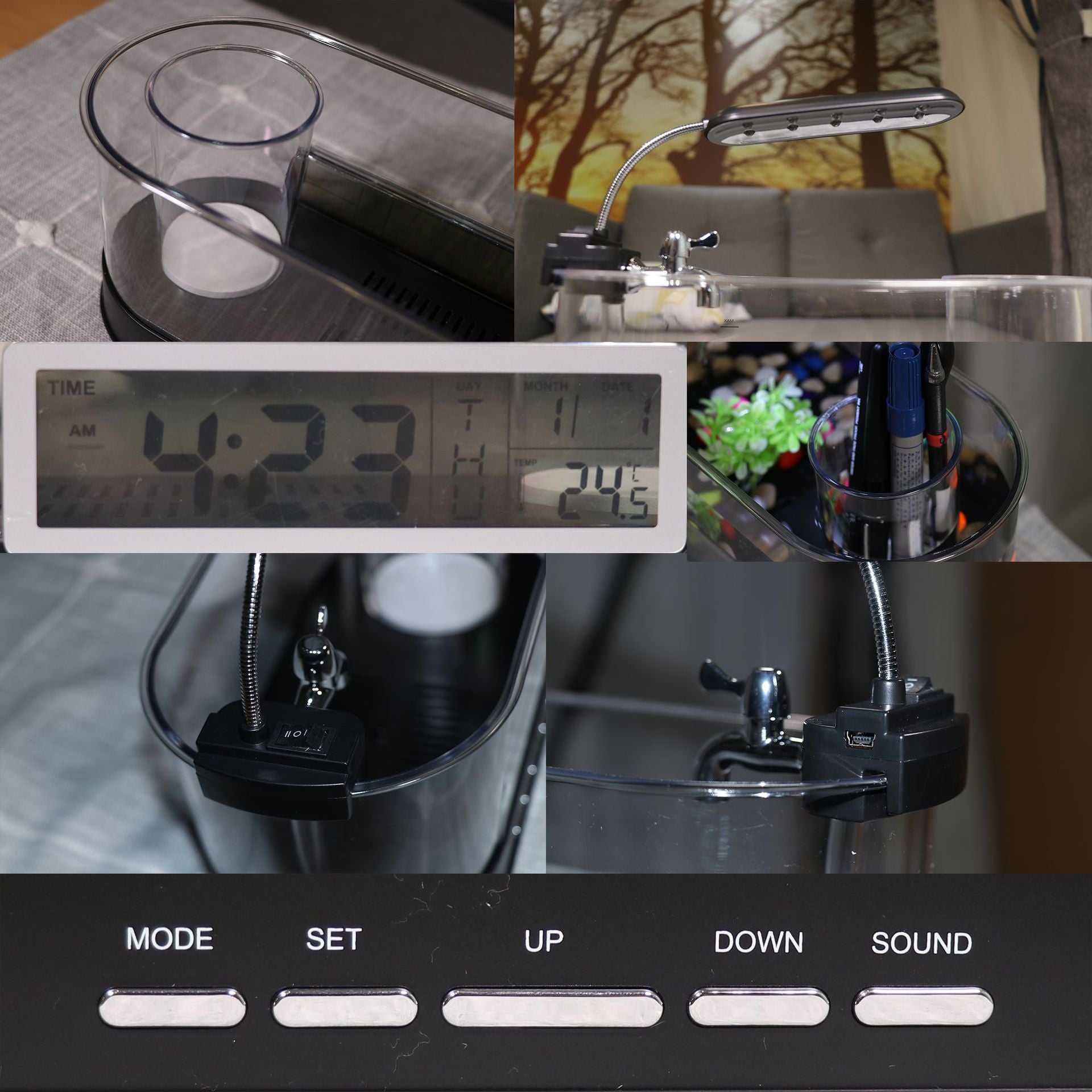 Mini-Aquarium mit Uhrenfunktion, Temperaturalarm und Stifthalter