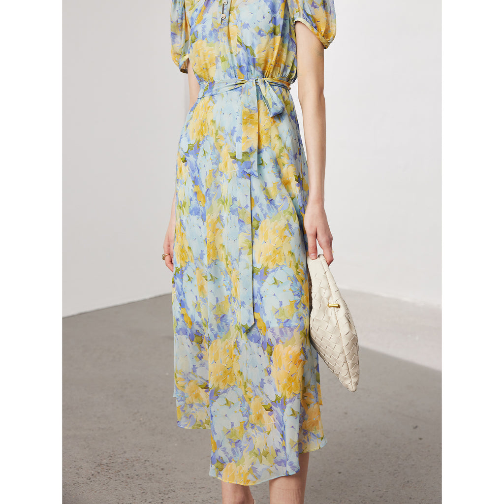 Florales langes Seidenkleid mit hoher Taille | LuxeStyle