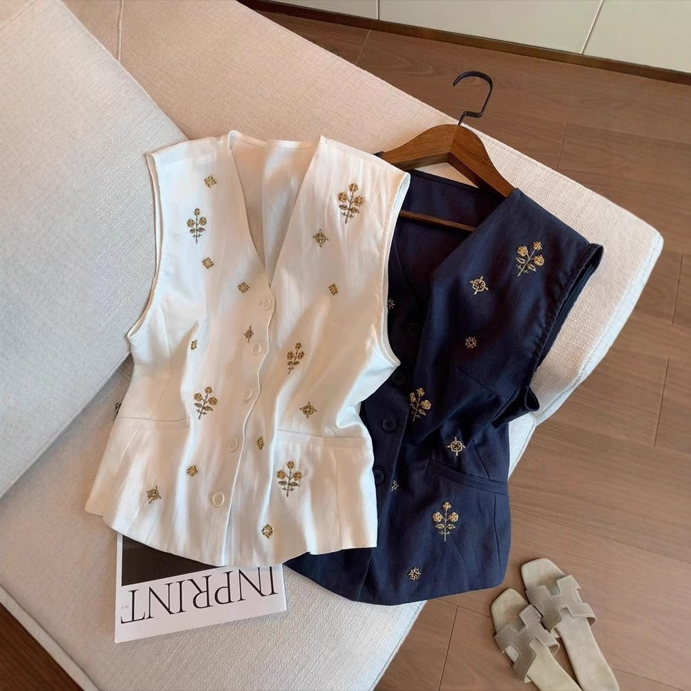 Elegante V-Neck Leinen-Weste