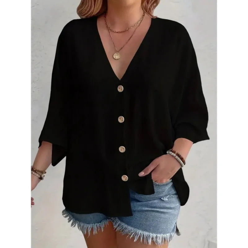 Damen V-Neck Shirt mit 3/4-Fledermausärmeln