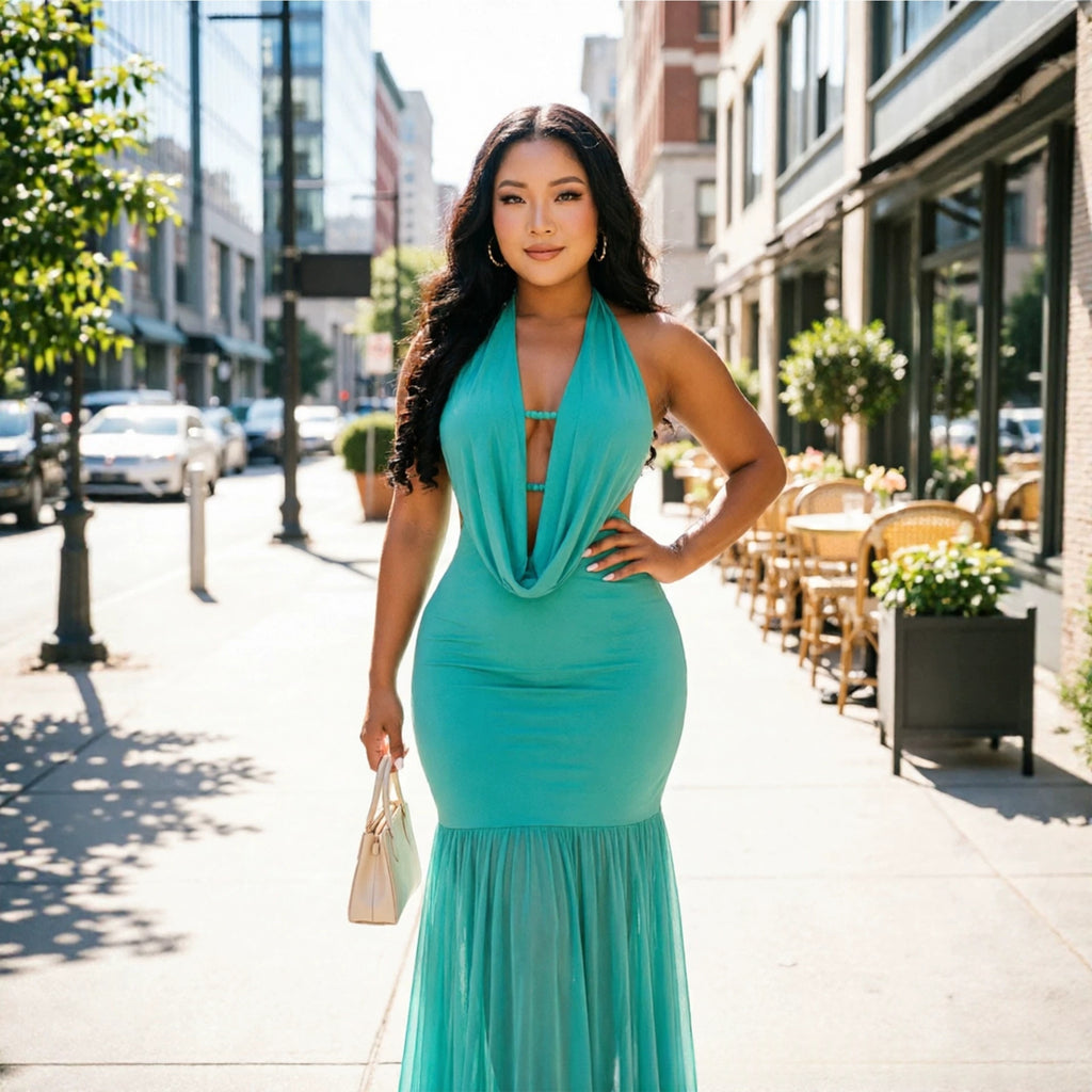 Elegantes Mesh-Bodycon-Kleid mit tiefem V-Ausschnitt – Bild 8 | LuxeStyle