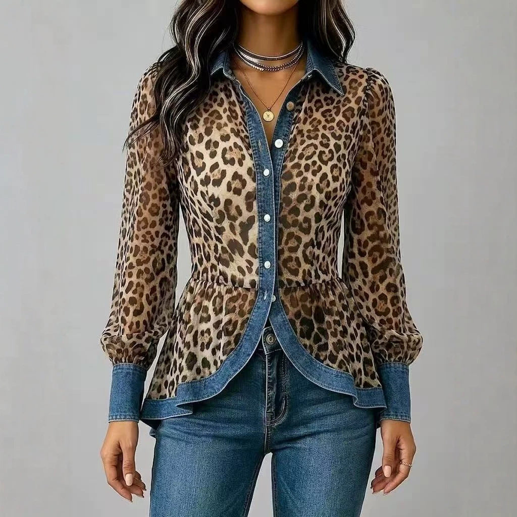 Leoparden-Patchwork Denim Hemd