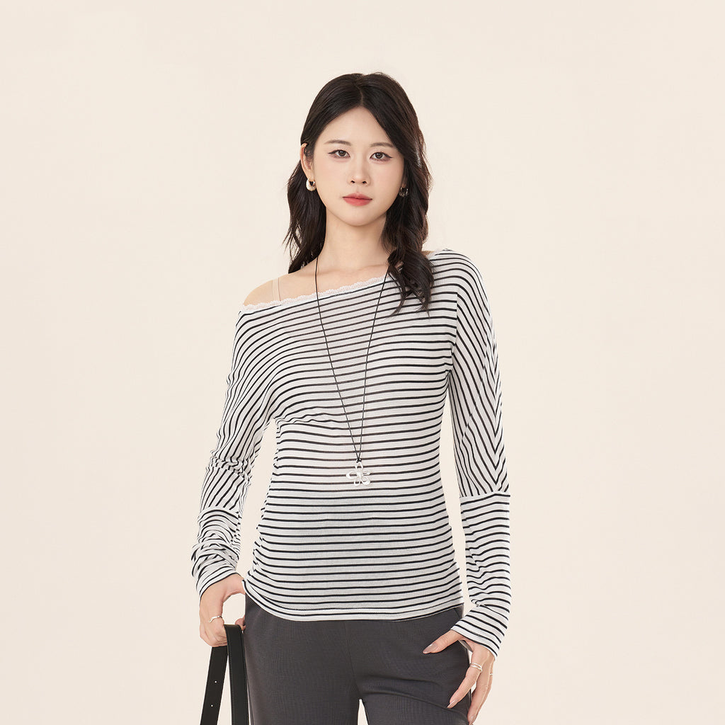 Lyocell Off-Shoulder Langarmshirt gestreift