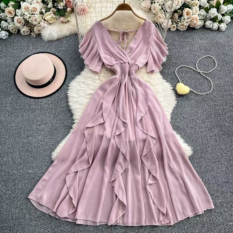 Chiffon Maxikleid mit V-Ausschnitt und Volants