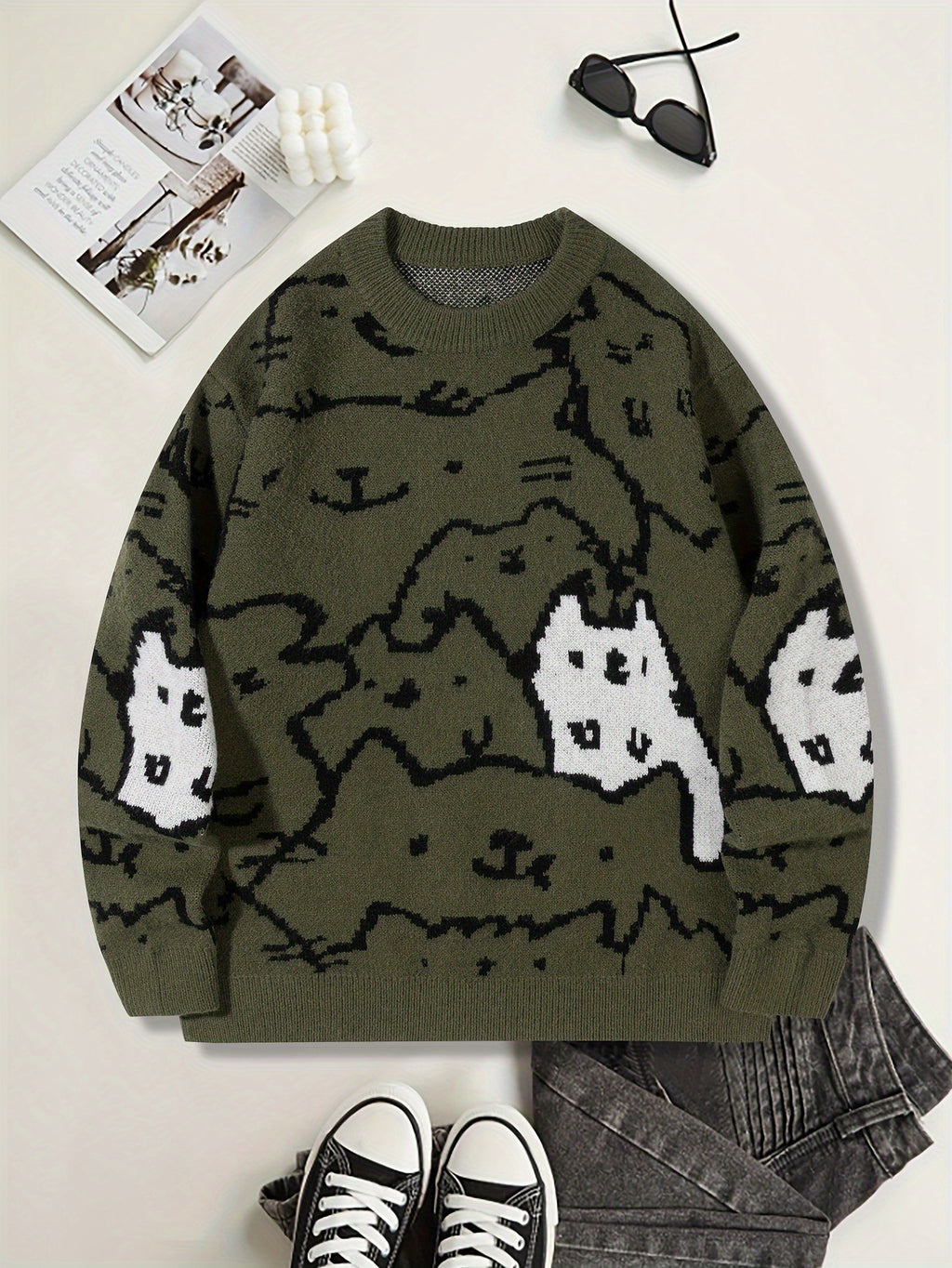 Herren Knit Sweater mit niedlichem Katzenprint