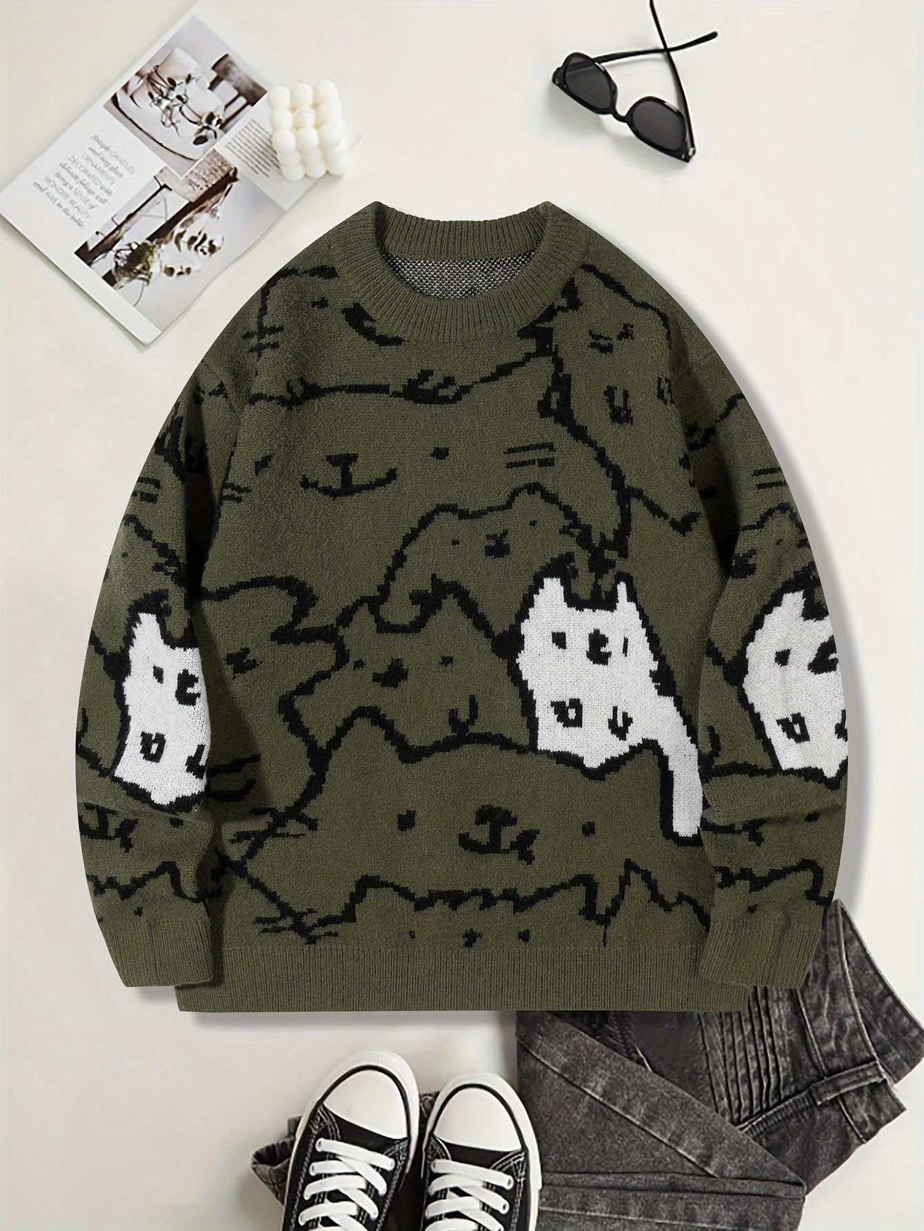 Herren Knit Sweater mit niedlichem Katzenprint