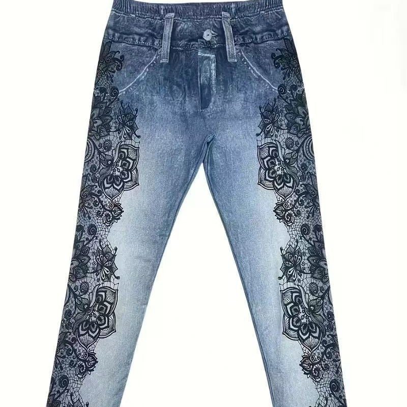 Blaues Skinny-Pantalon mit Print