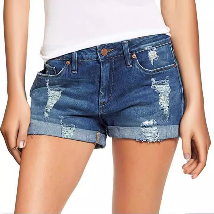 High-Waist Stretch-Denim Shorts mit Rissen