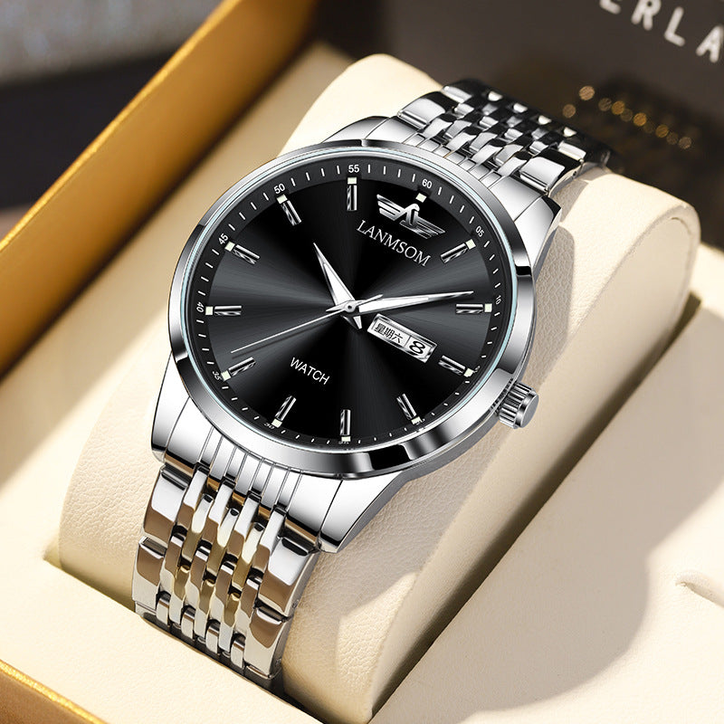 Schlankes Business Armband mit Doppeldatum, wasserdicht und automatisc