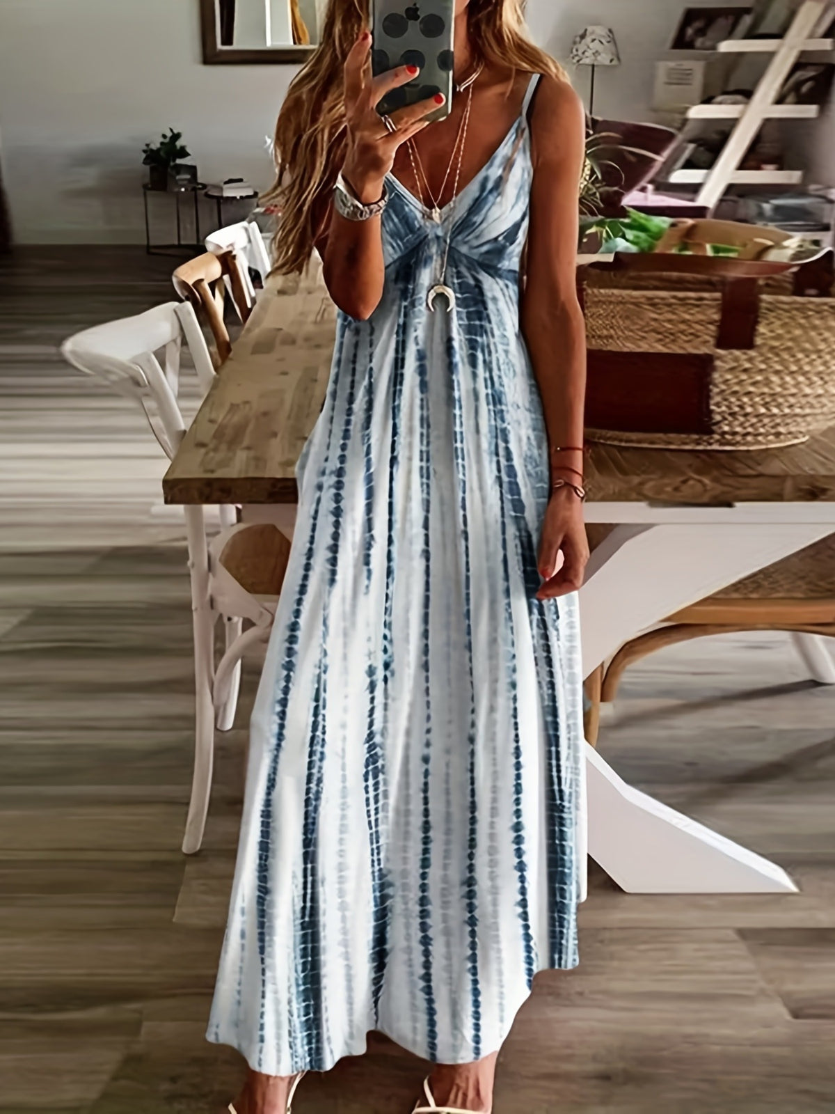 Damen V-Ausschnitt Swing-Kleid mit Print-Trägern – Bild 7 | LuxeStyle
