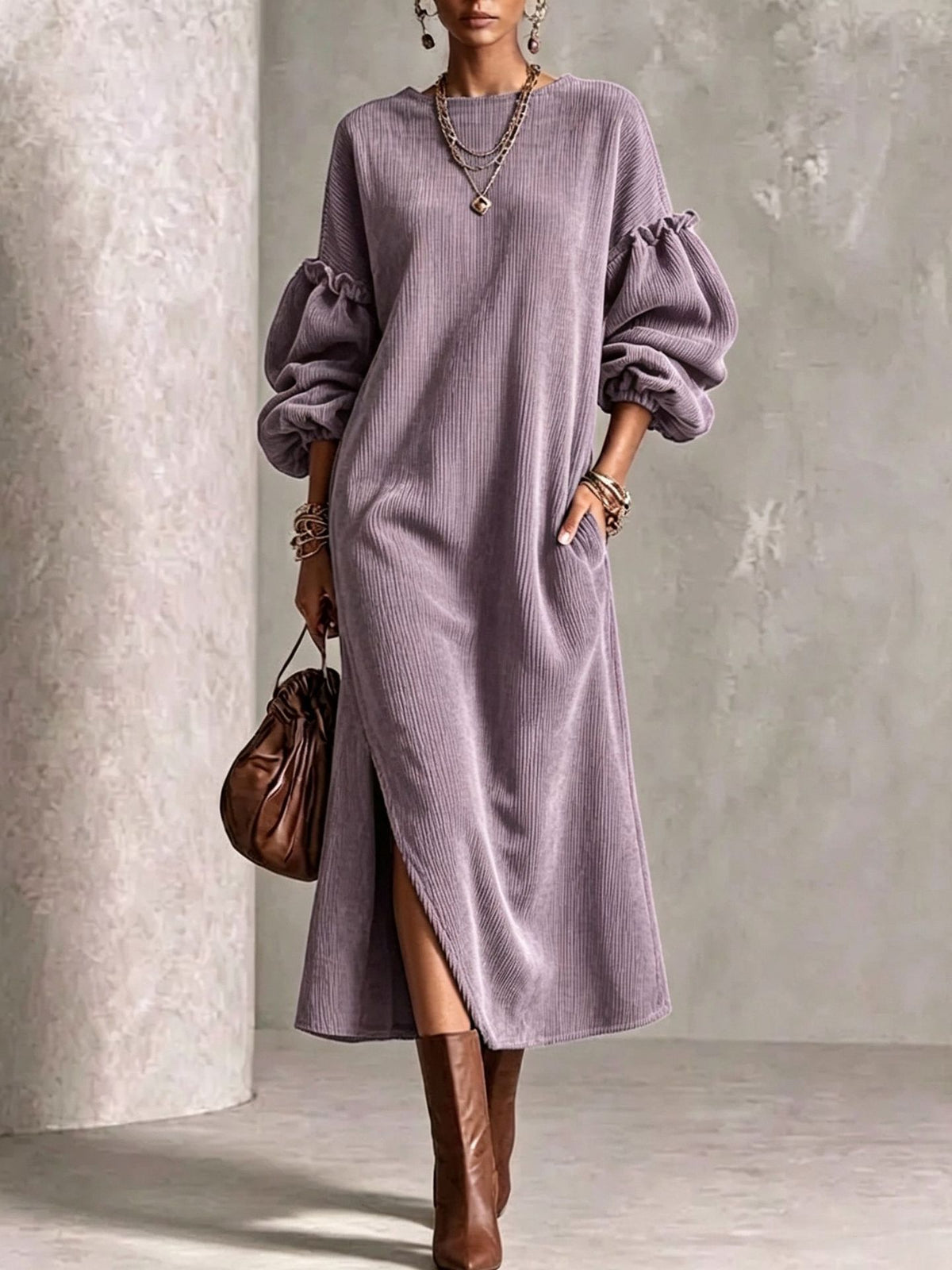 A-Linien-Kleid mit Rundhals und Puffärmeln – Bild 3 | LuxeStyle
