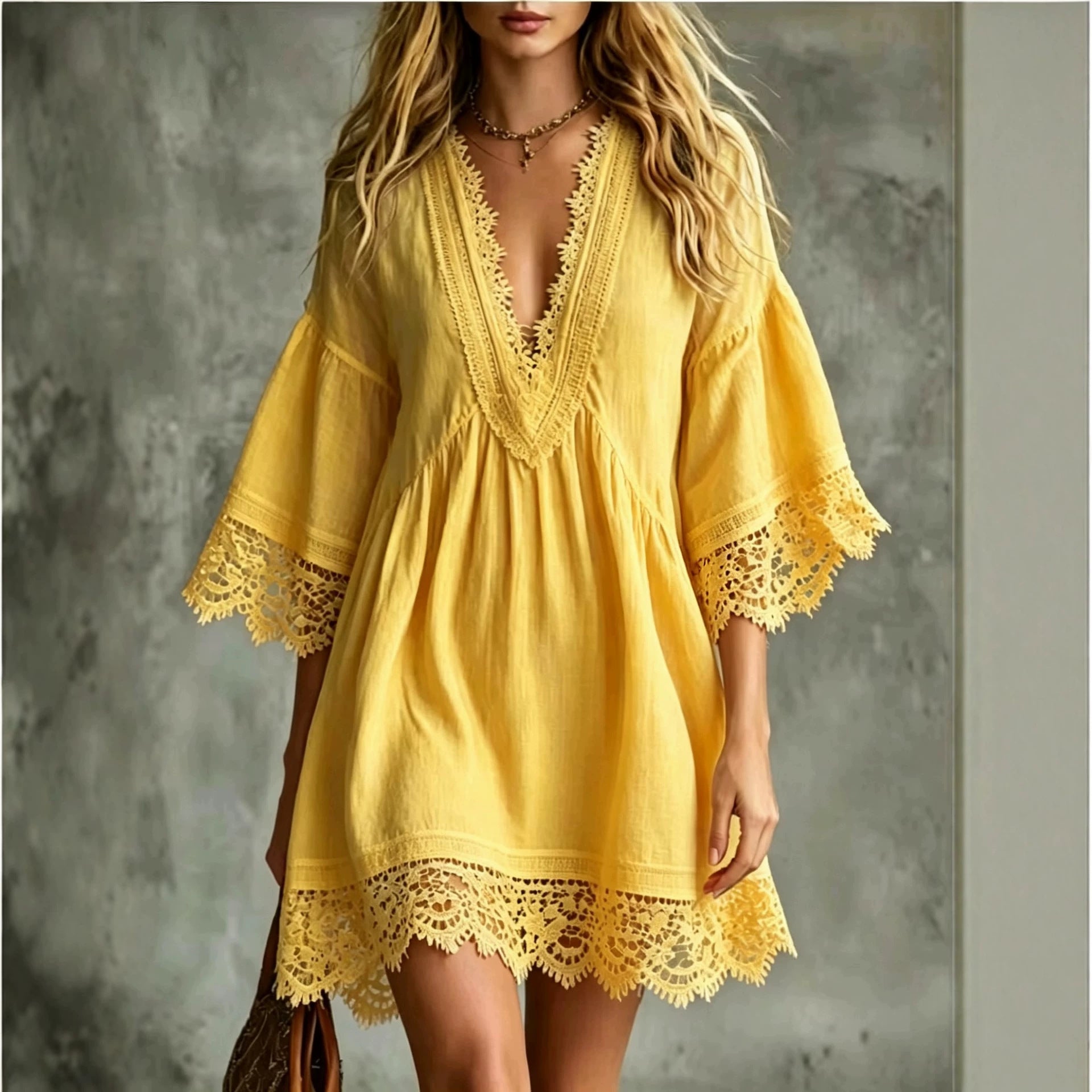 Elegantes Midi-Kleid mit V-Ausschnitt & Spitze