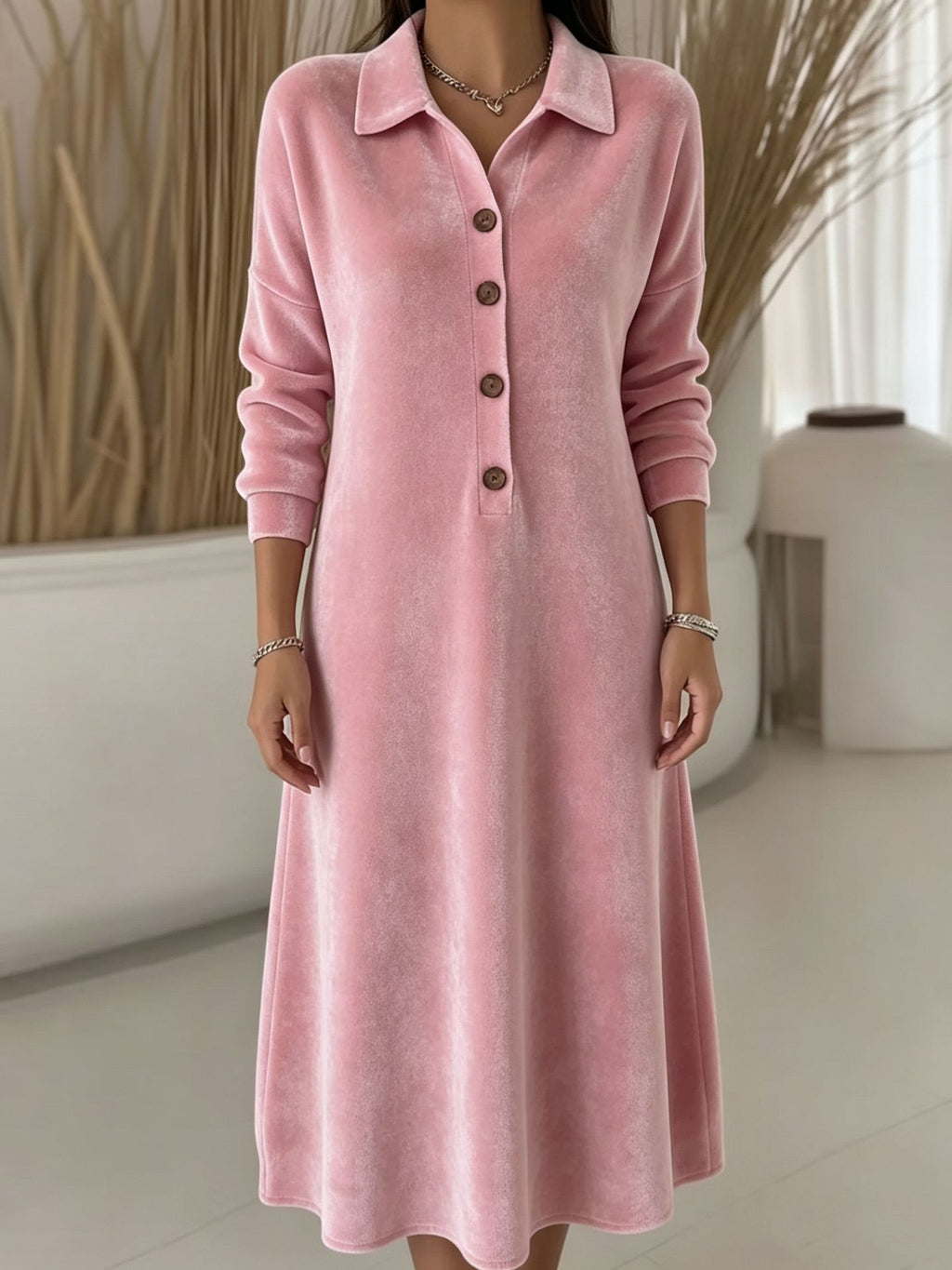 Samtkleid mit Knopfleiste und langen Ärmeln – Bild 8 | LuxeStyle