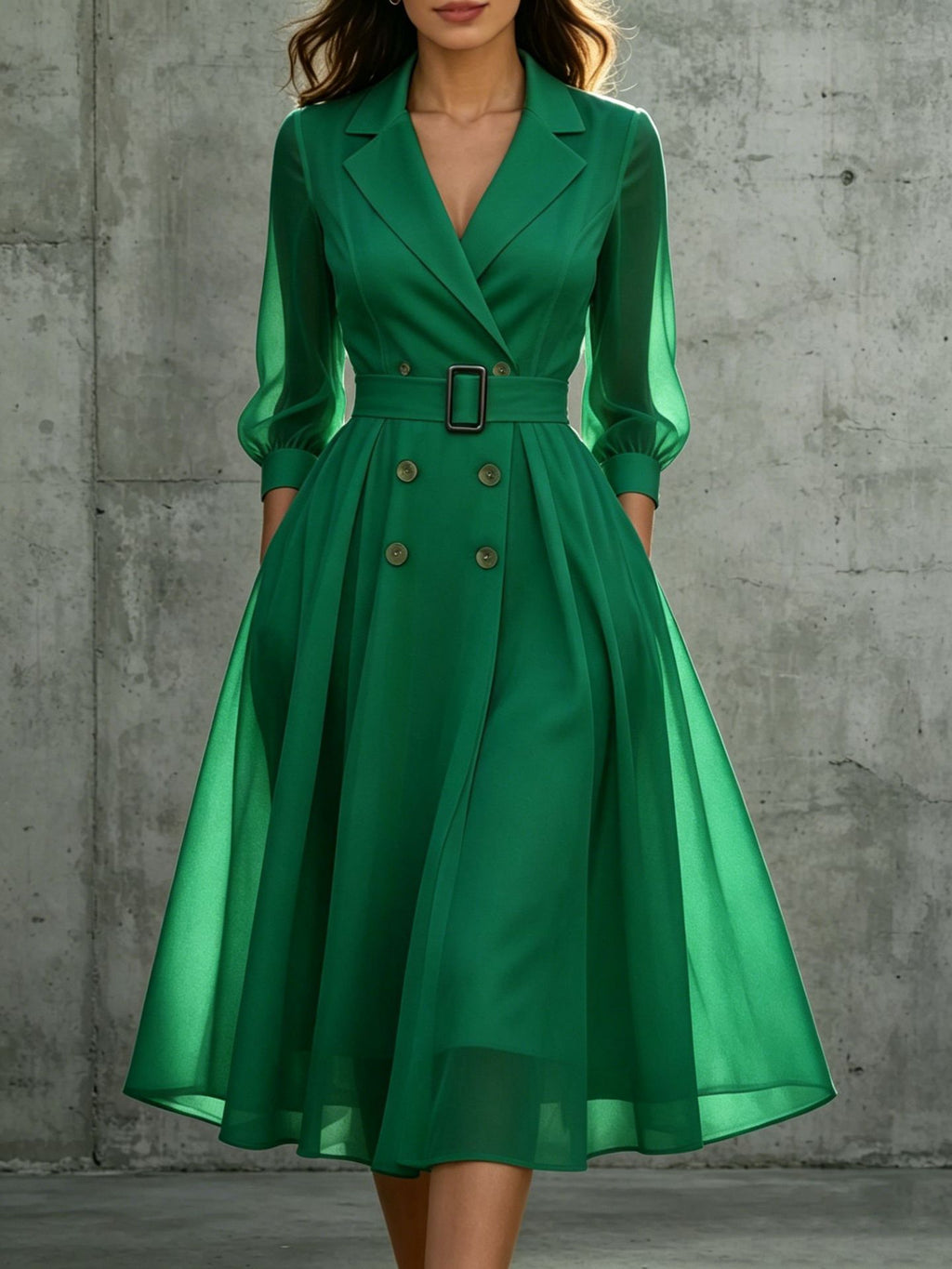 V-Ausschnitt Tailliertes Langarmkleid Damen