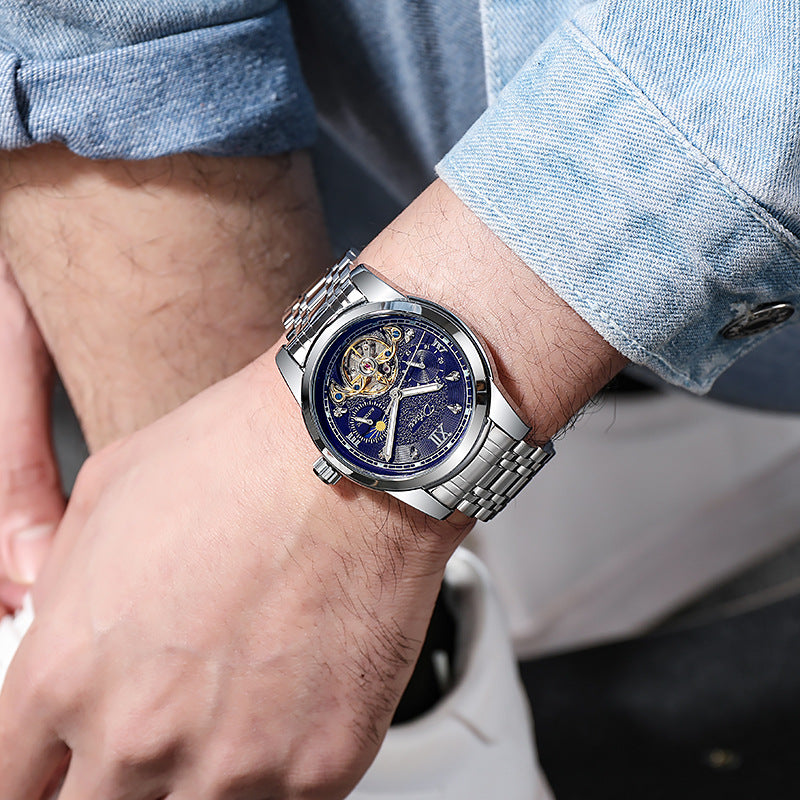 Luminous Sonne Mond Stern Herren-Mechanische Uhr