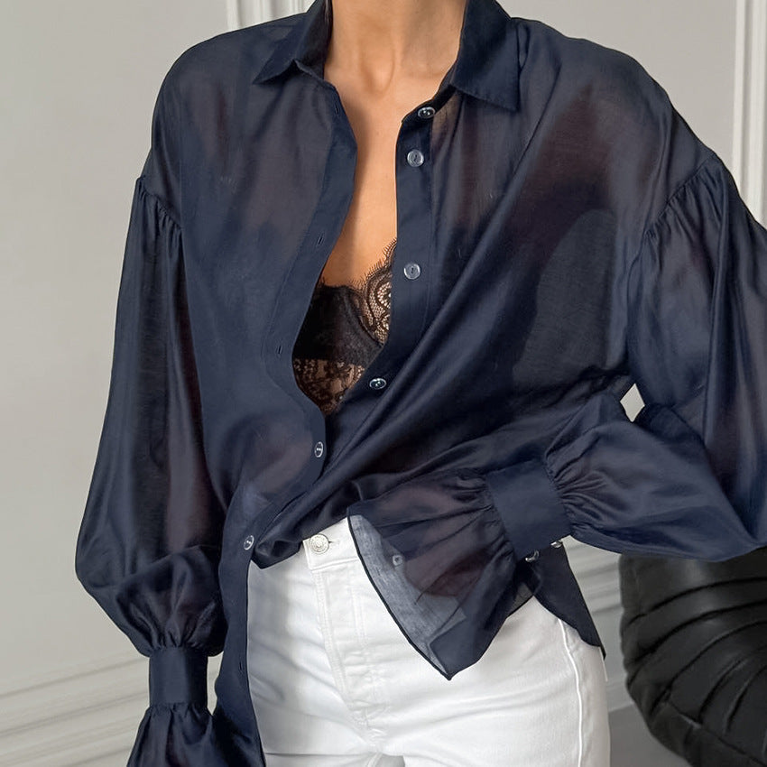 Khaki-Blau Sheer Langarmshirt für Damen – Bild 6 | LuxeStyle