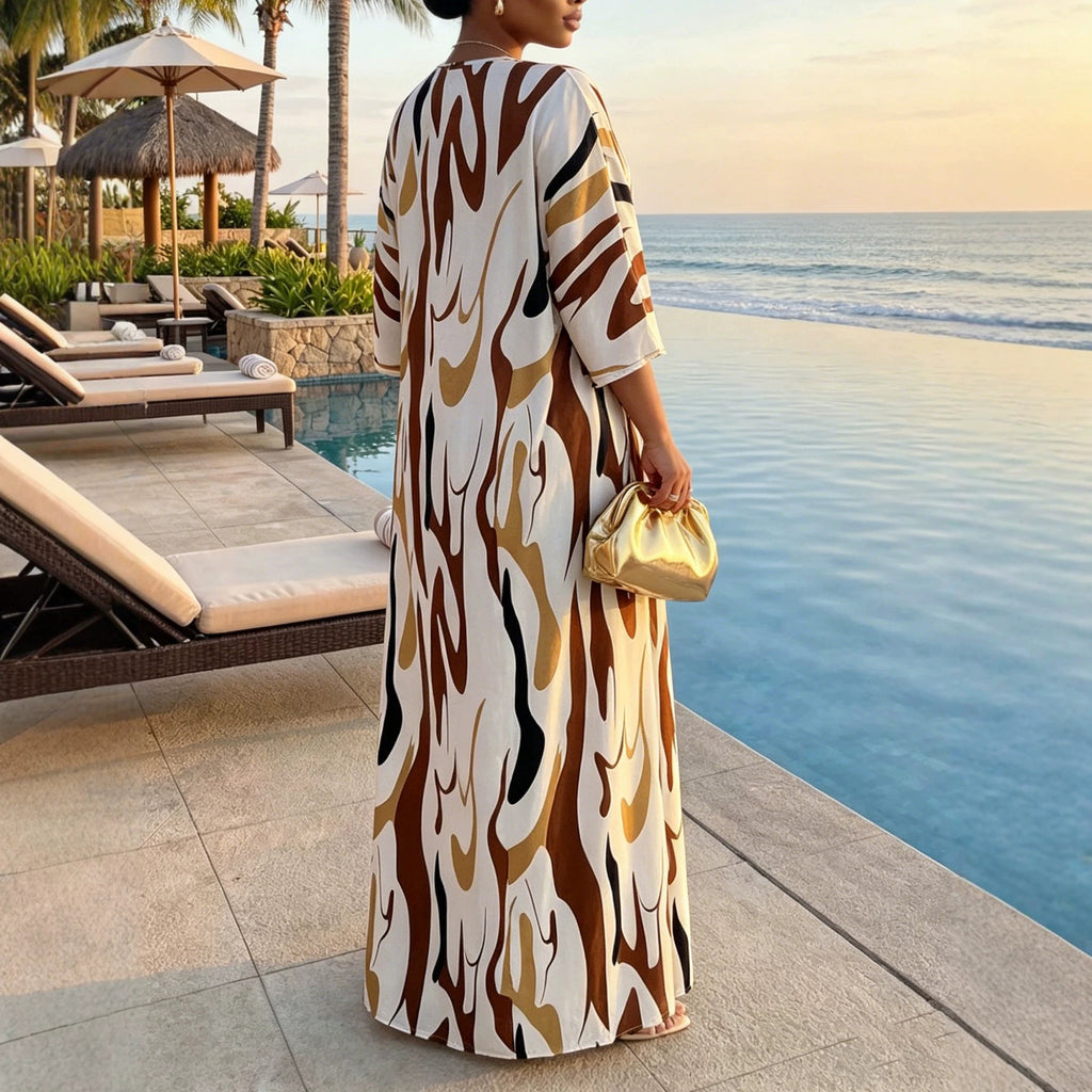 Elegantes V-Ausschnitt A-Linien Kleid mit Print