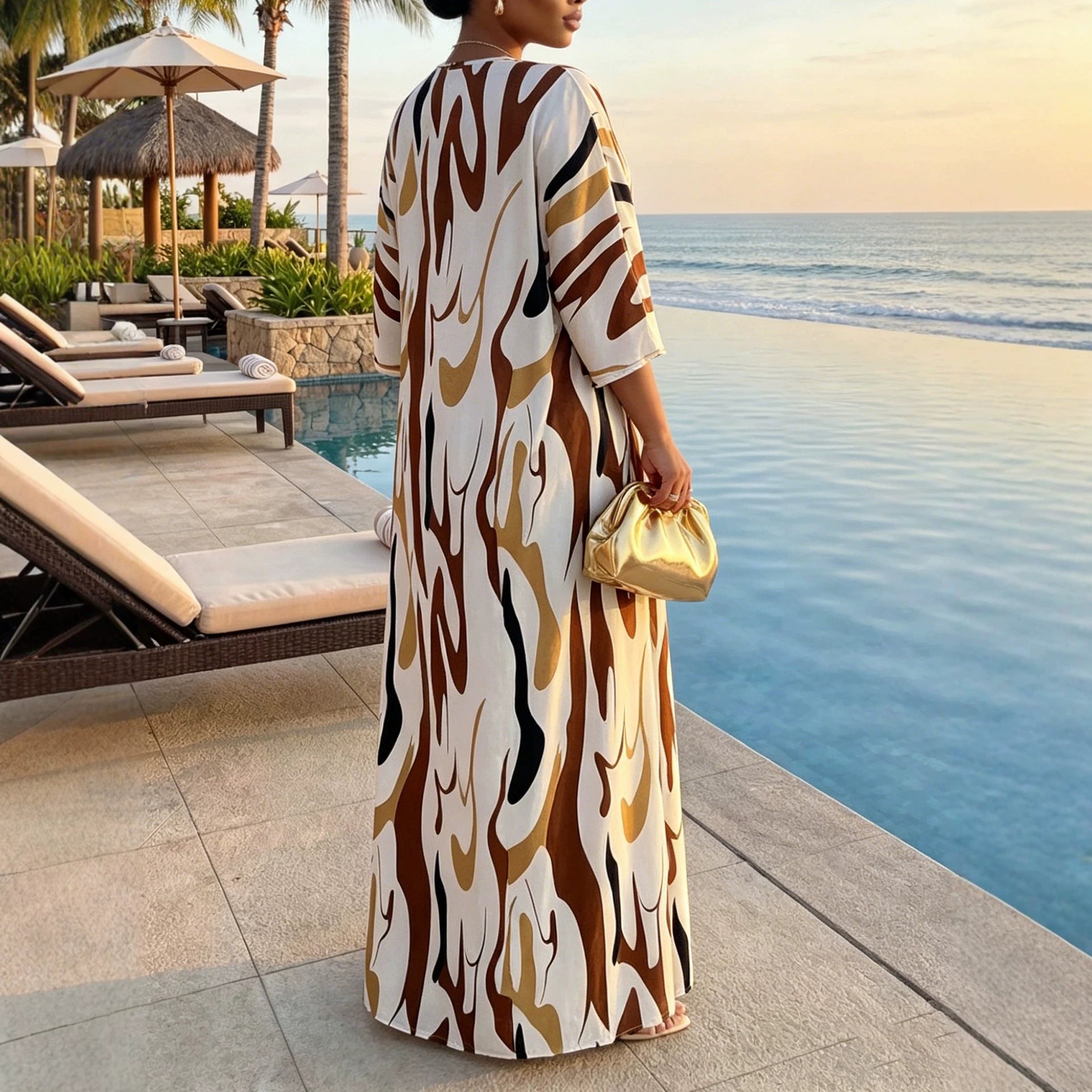 Elegantes V-Ausschnitt A-Linien Kleid mit Print
